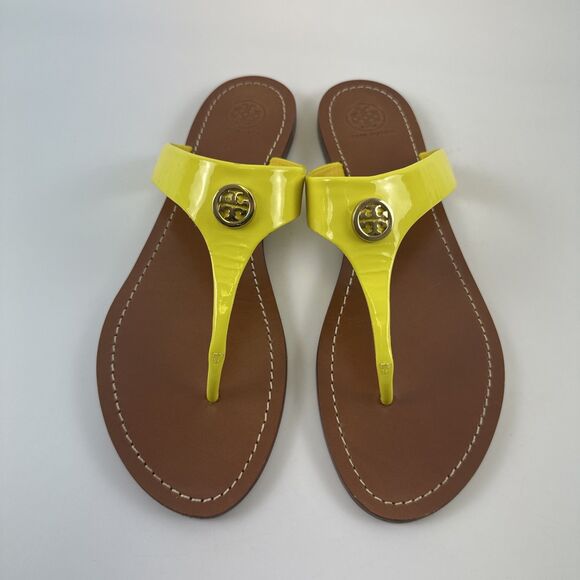 Tory Burch Cameron Thong Sandal Yellow Patent Leather Flat Slip On Womens 10 - Picture 3 of 13